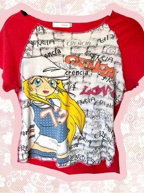 Red Graphic Anime Y2K Graffiti Short-Sleeve Tee Women’s Large Cropped Tee